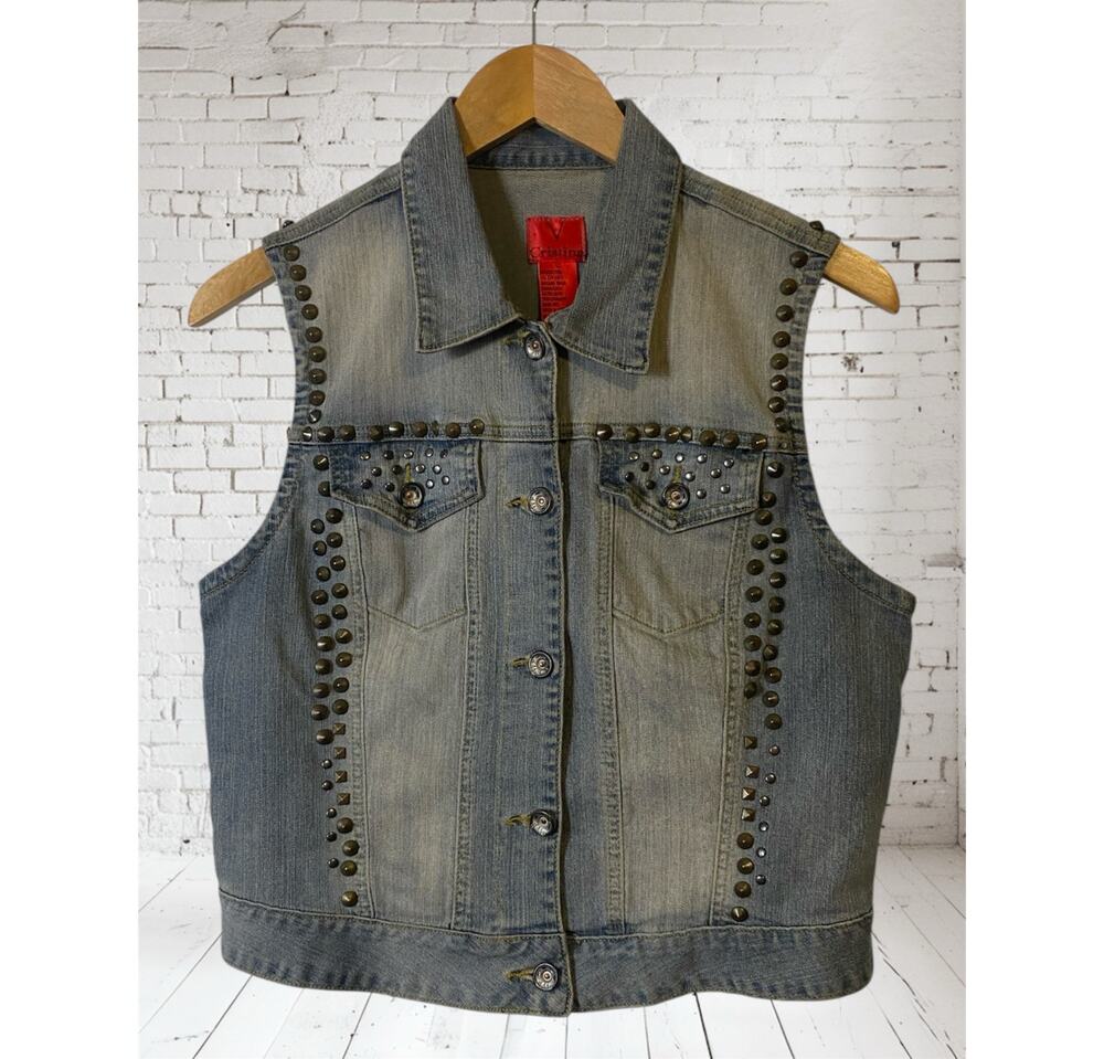 V Cristina Two-Toned Blue Denim Studded Vest Women's Size Large